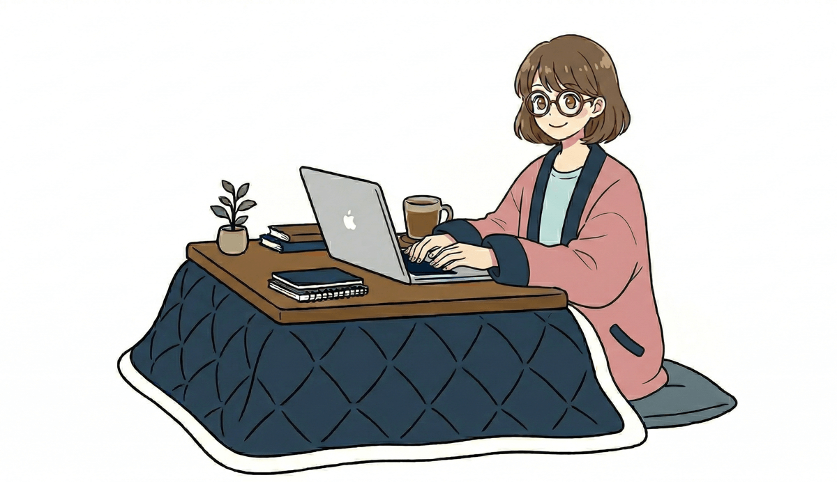 こたつでパソコンを打つアミのイラスト